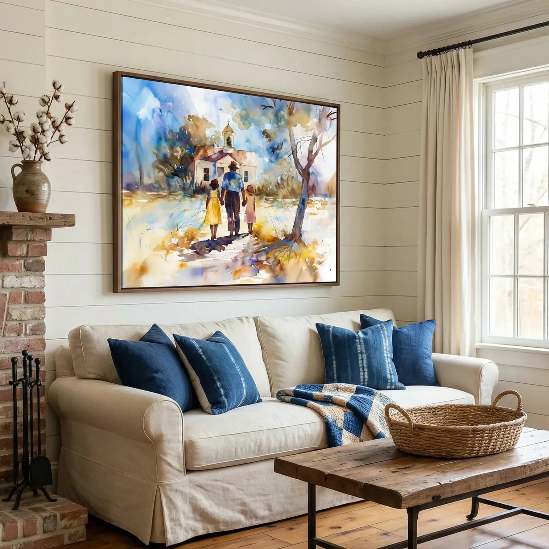 Gullah Geechee art in farmhouse living room with shiplap and brick fireplace, Black family church scene. Digital mockup.