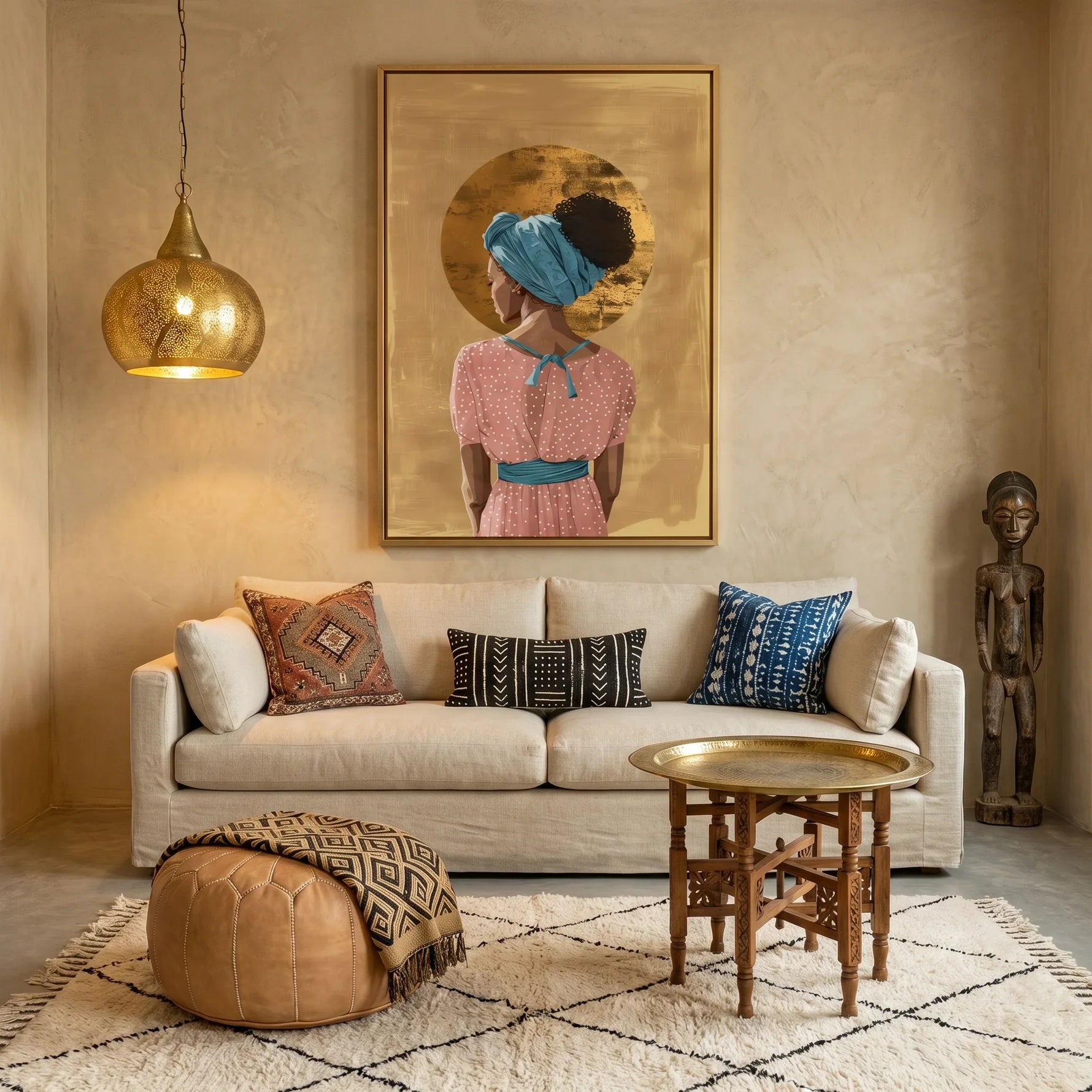 African American art with gold accents in living room with warm plaster walls, brass pendant, African sculpture, Moroccan rug. Digital mockup.