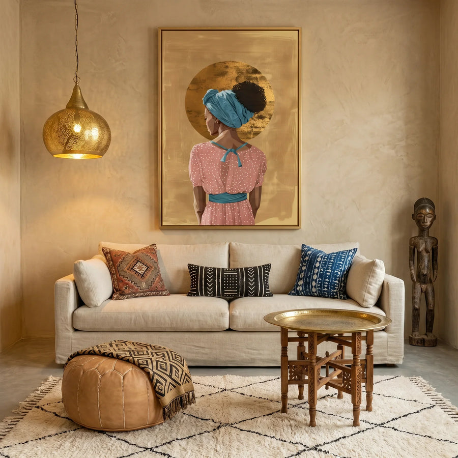 African American art with gold accents in living room with warm plaster walls, brass pendant, African sculpture, Moroccan rug. Digital mockup.