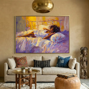 Melanin queen canvas in afrohemian Moroccan living room with brass pendant and African statue, painterly Black woman. Digital mockup.