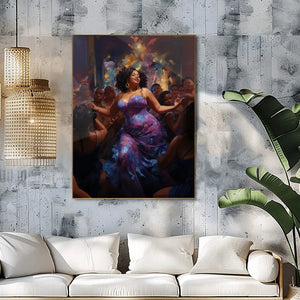 Urban Black aesthetic wall art in industrial concrete living room with floating sofa, curvy Black woman dancing in purple. Digital mockup.