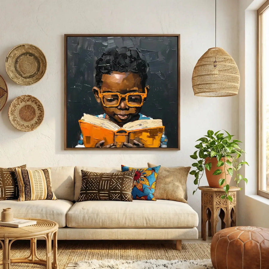 Afrohemian home decor wall art in boho Moroccan living room with mudcloth pillows, Black boy in orange glasses reading. Digital mockup.