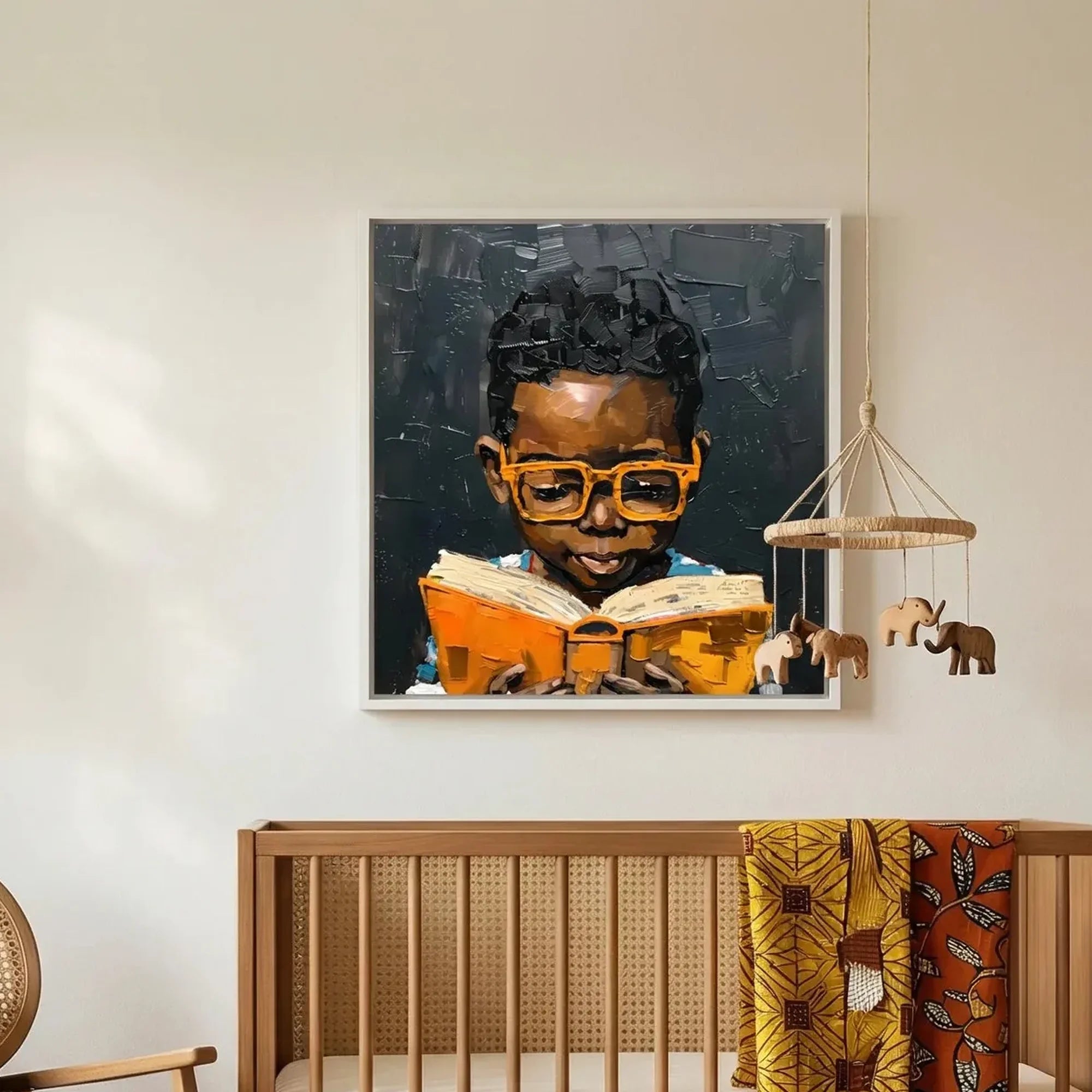 Black boy reading art in scandi nursery with cane rocker and wood crib, oil painting Black boy in orange glasses reading. Digital mockup.