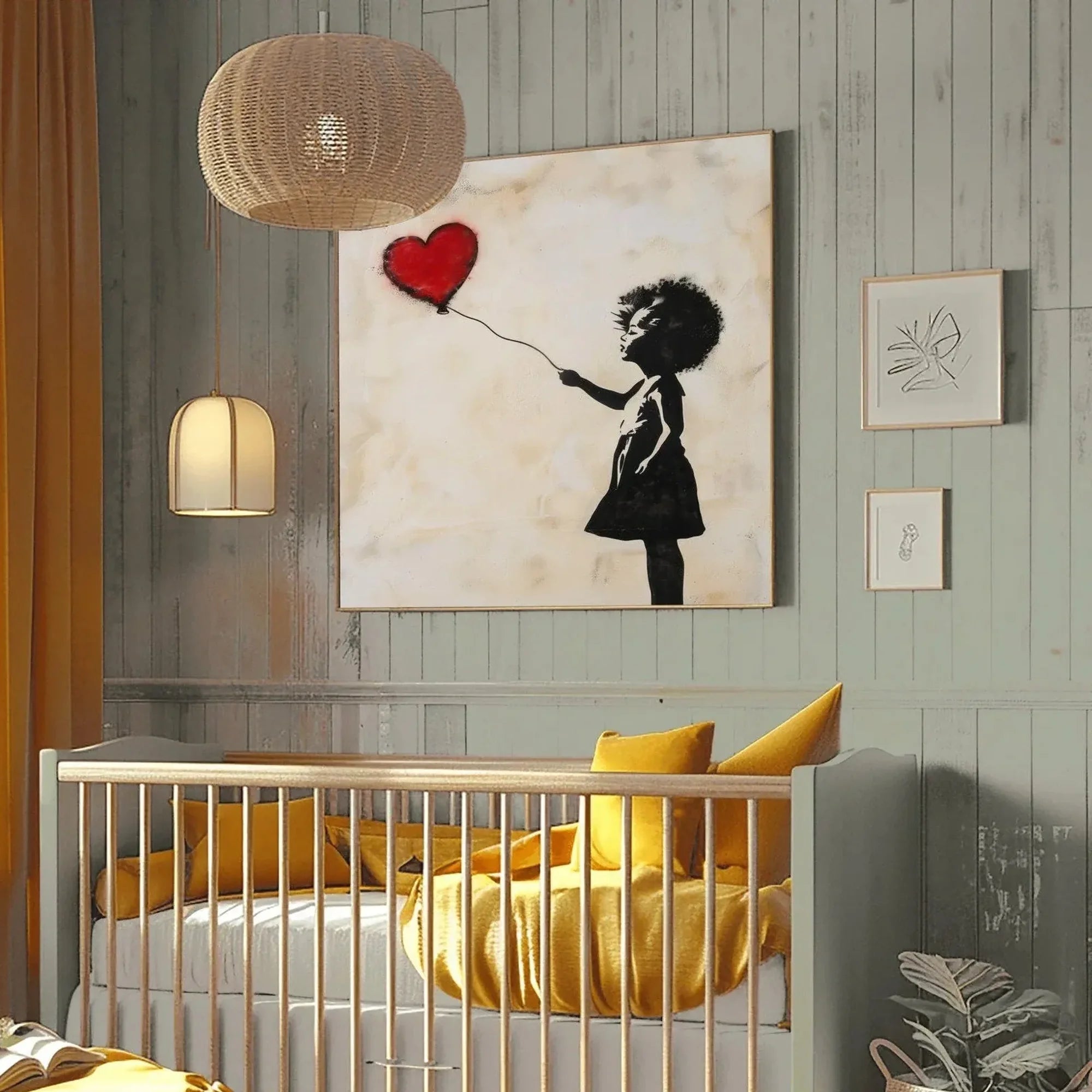 Modern African American art in yellow scandi nursery with brass mobile, street-art Black girl with red heart balloon. Digital mockup.