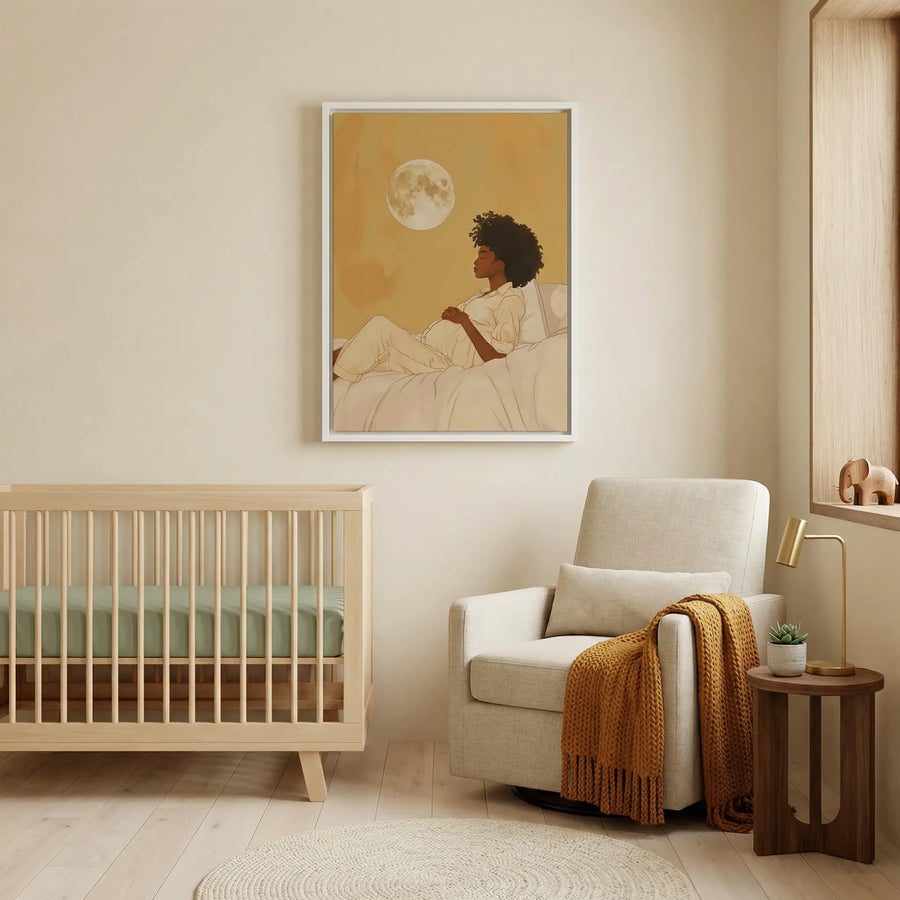 African boho in nursery with Neutral nursery with wooden crib, pregnant woman gazing at moon illustration. Digital mockup.