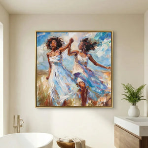 Coastal calm Afrocentric decor in modern bathroom with freestanding tub and oval mirror, two Black women dancing. Digital mockup.