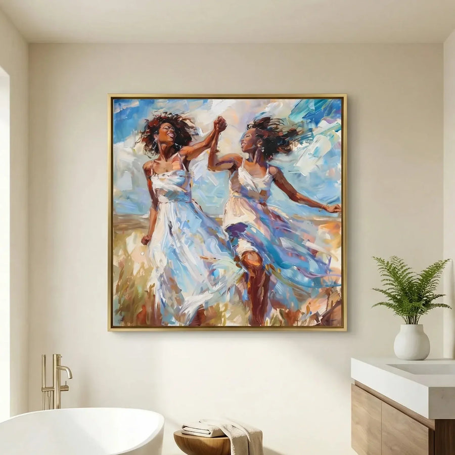 Coastal calm Afrocentric decor in modern bathroom with freestanding tub and oval mirror, two Black women dancing. Digital mockup.