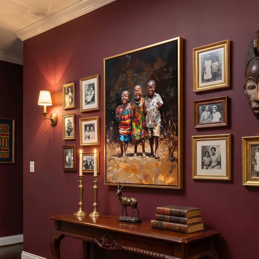 Afrocentric luxury home decor in burgundy hallway with carved African mask gallery wall, three joyful African children. Digital mockup.