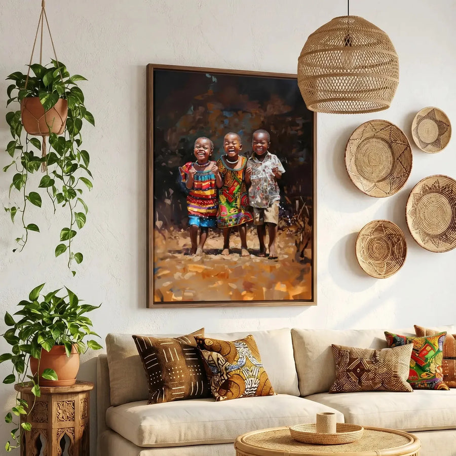 Afrohemian home decor wall art in boho Moroccan living room with mudcloth pillows, three joyful African children painting. Digital mockup.