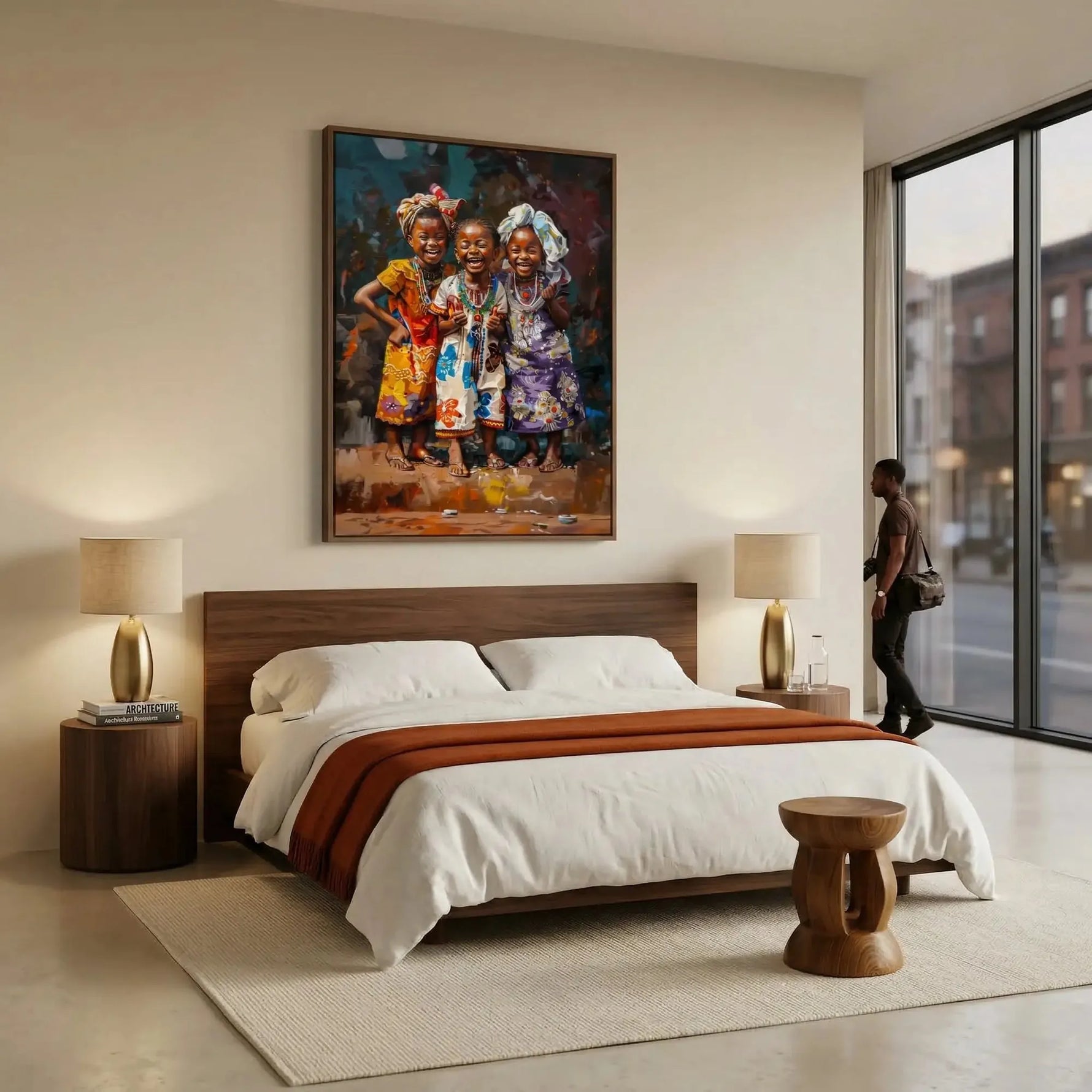 African girls colorful canvas in modern bedroom with walnut platform bed and mustard throw, two joyful Black girls illustration. Digital mockup.