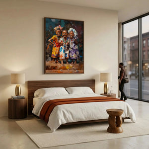 African girls colorful canvas in modern bedroom with walnut platform bed and mustard throw, two joyful Black girls illustration. Digital mockup.