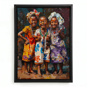 African girls colorful canvas in black floating frame, two joyful Black girls illustration, vibrant Afrocentric wall art. Digital mockup.