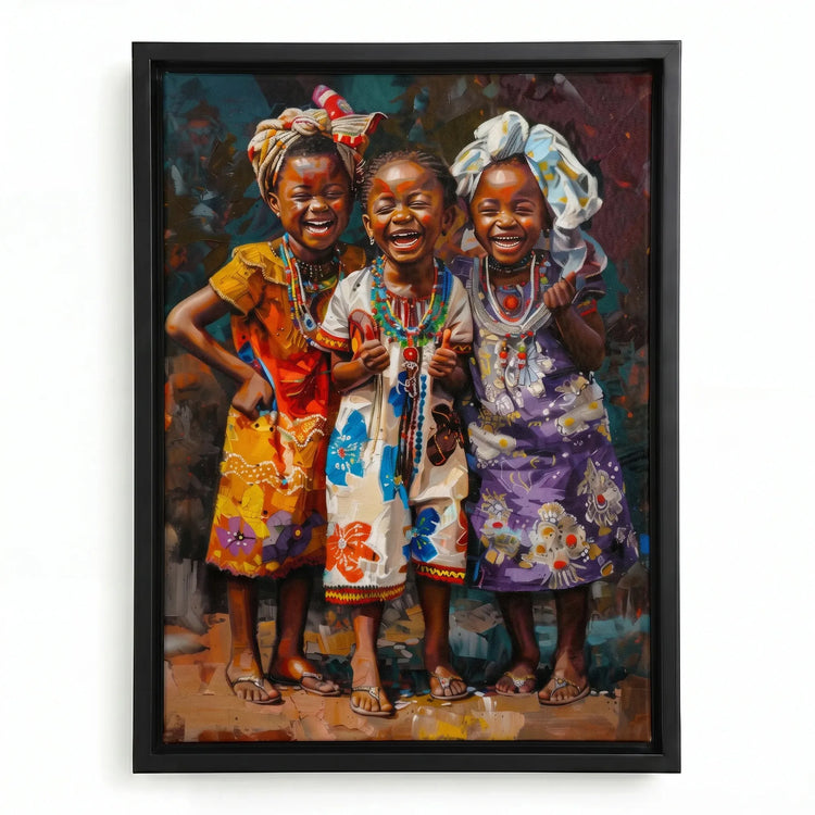 African girls colorful canvas in black floating frame, two joyful Black girls illustration, vibrant Afrocentric wall art. Digital mockup.