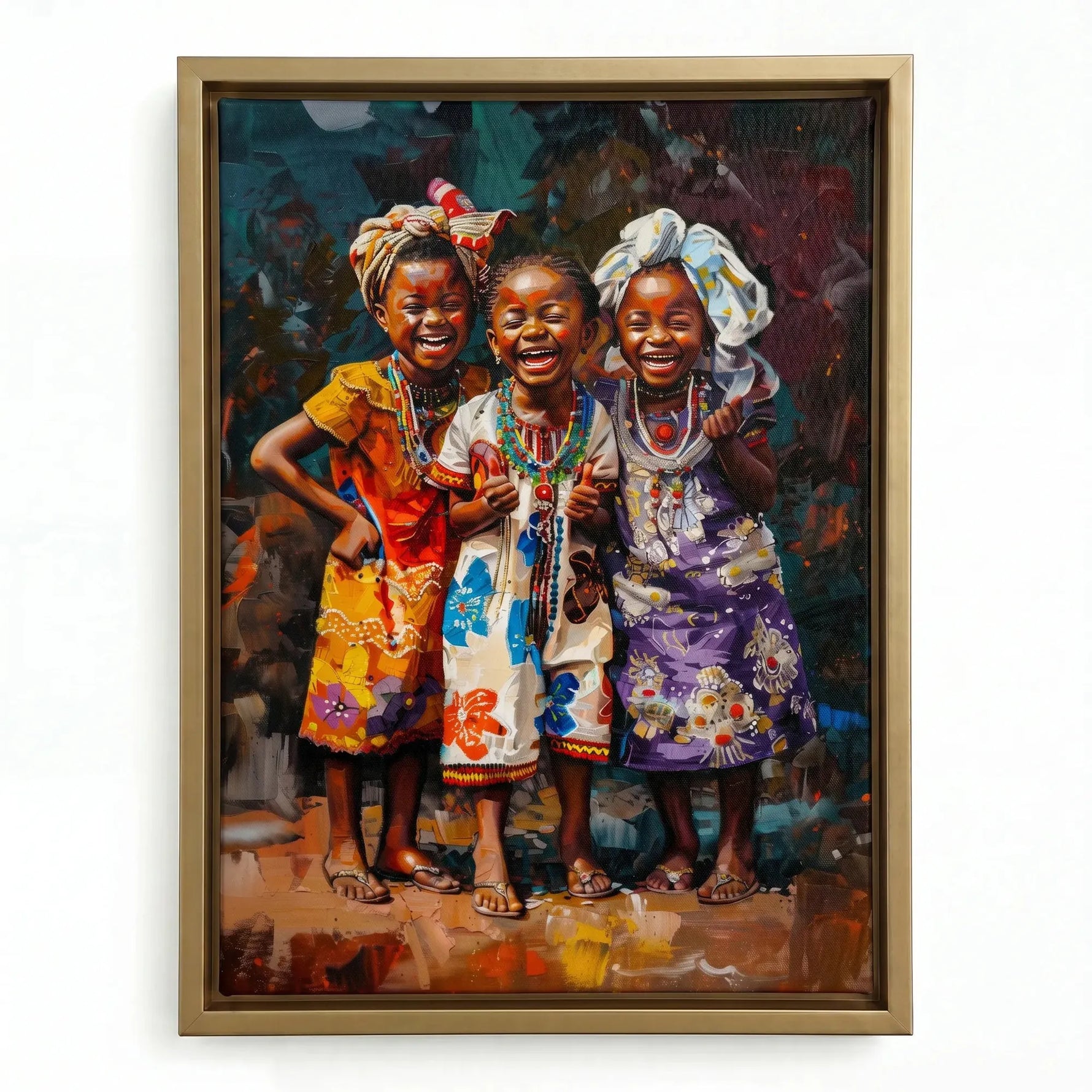 African girls colorful canvas in gold floating frame, two joyful Black girls vibrant Afrocentric art. Digital mockup.