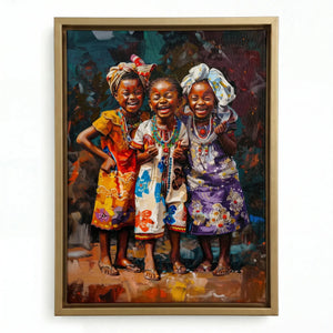 African girls colorful canvas in gold floating frame, two joyful Black girls vibrant Afrocentric art. Digital mockup.