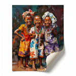 African girls colorful rolled canvas print ready for custom framing, two joyful Black girls illustration. Digital mockup.