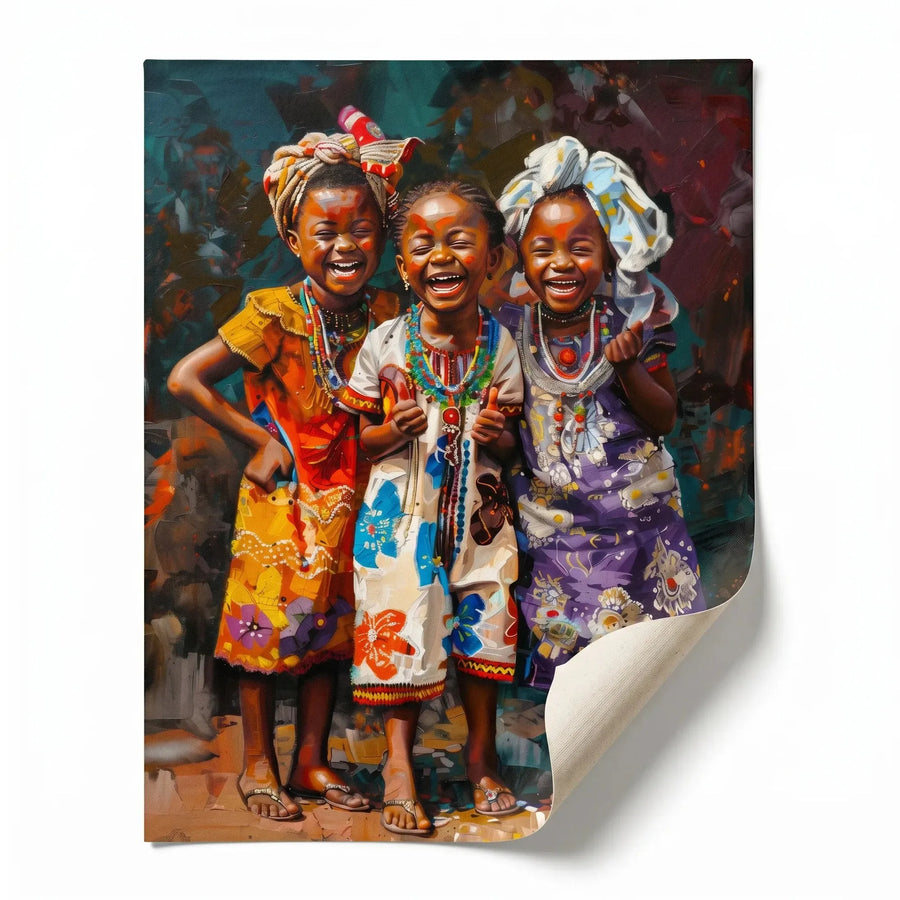 African girls colorful rolled canvas print ready for custom framing, two joyful Black girls illustration. Digital mockup.