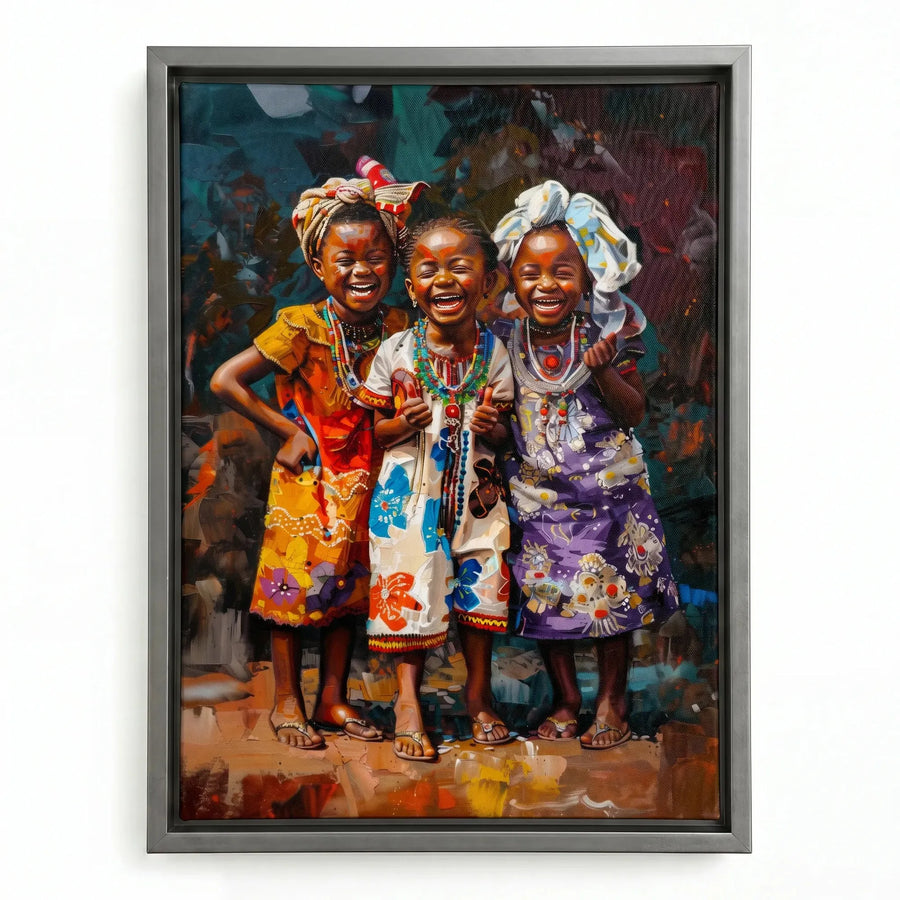 African girls colorful canvas in silver floating frame, colorful Black girls illustration for girl bedrooms. Digital mockup.
