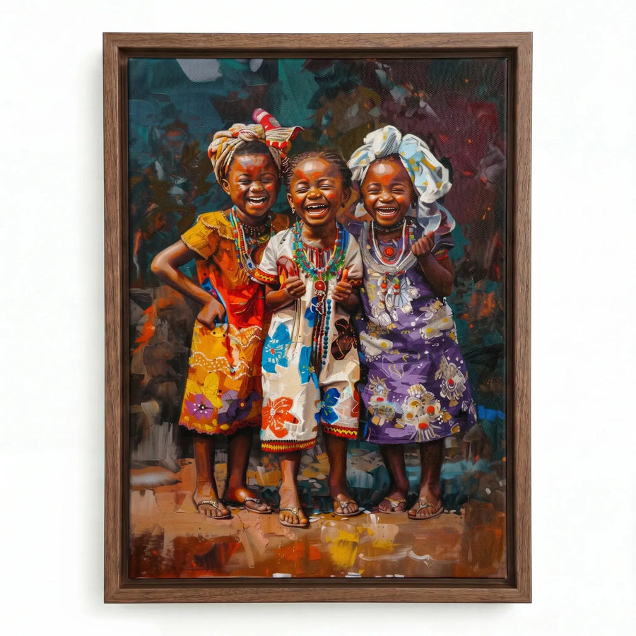 African girls colorful canvas in walnut floating frame, vibrant Black girls illustration for bedrooms and nurseries. Digital mockup.
