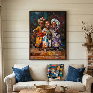 Black girls colorful canvas art in farmhouse living room with shiplap walls and linen sofa, two joyful African girls illustration. Digital mockup.