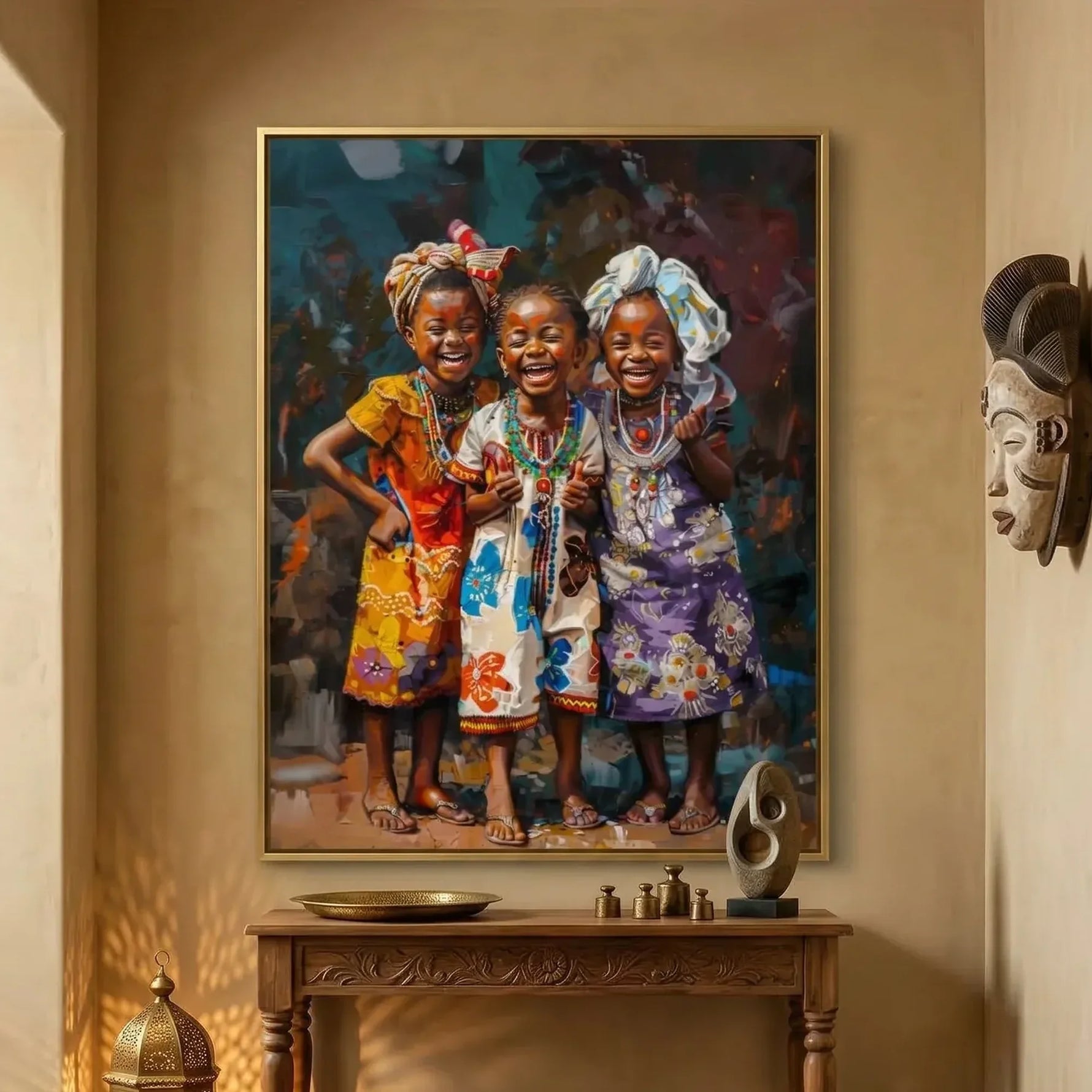 African girls colorful canvas in hallway with African woven baskets and vibrant textile wall art, two joyful Black girls. Digital mockup.