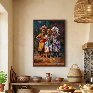 African girls colorful canvas in kitchen with rustic wood island and terracotta pottery, vibrant Black girls illustration. Digital mockup.