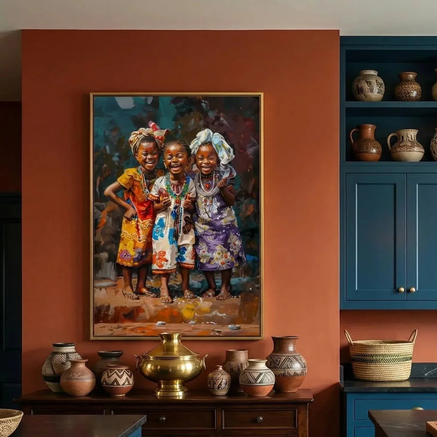 African girls colorful canvas in kitchen with colorful Afrocentric art tiles and wooden shelves, two joyful Black girls illustration. Digital mockup.