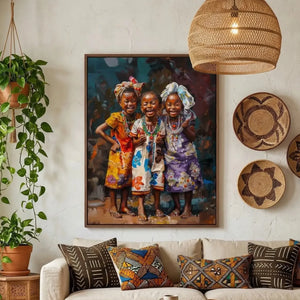 Colorful African girls canvas art in boho living room with rattan furniture and warm neutrals, two joyful Black girls vibrant illustration. Digital mockup.