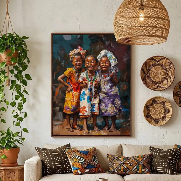 Colorful African girls canvas art in boho living room with rattan furniture and warm neutrals, two joyful Black girls vibrant illustration. Digital mockup.