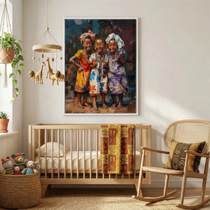 African girls colorful canvas art above wooden crib with rocking chair in bright nursery, two joyful Black girls illustration. Digital mockup.