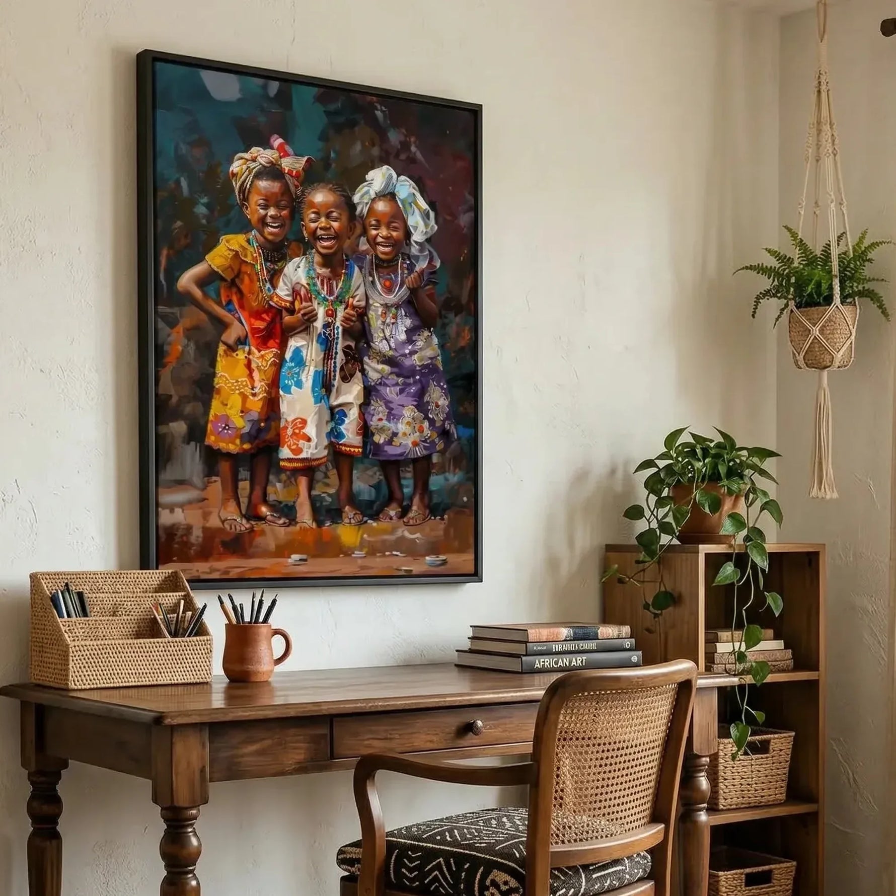 African girls colorful canvas in Afrohemian home office with dark wood shelves and African sculptures, two joyful Black girls art. Digital mockup.