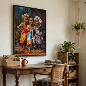 African girls colorful canvas in Afrohemian home office with dark wood shelves and African sculptures, two joyful Black girls art. Digital mockup.