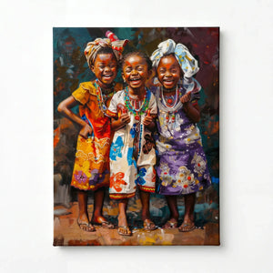 African girls colorful stretched canvas gallery wrap, two joyful Black girls vibrant illustration ready to hang. Digital mockup.