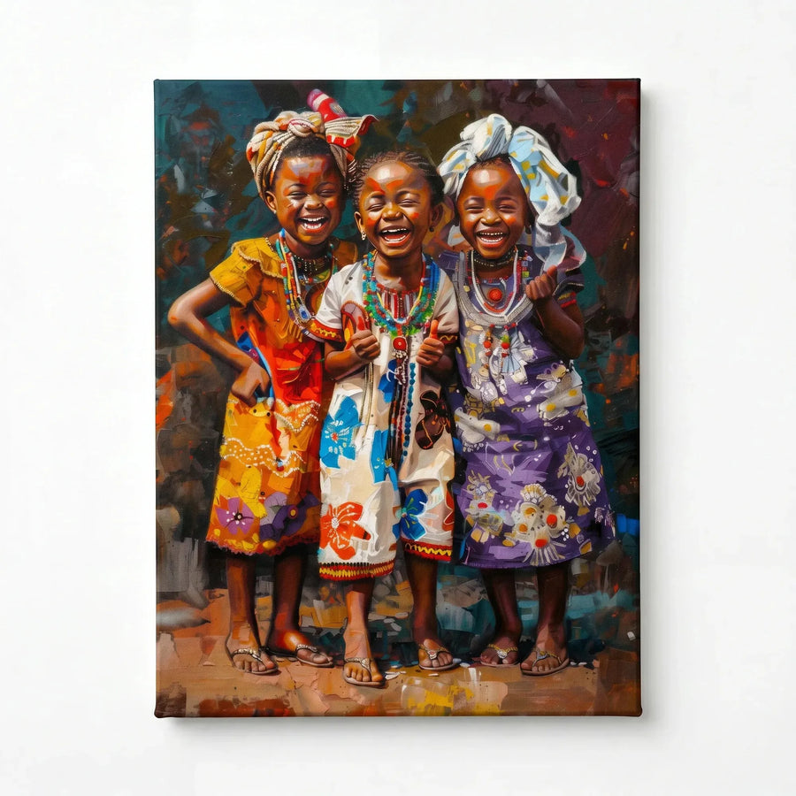 African girls colorful stretched canvas gallery wrap, two joyful Black girls vibrant illustration ready to hang. Digital mockup.