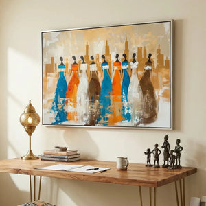 Modern Black art for apartment in modern hallway with walnut console and African statues, African women heritage silhouettes. Digital mockup.
