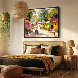 Afrohemian home decor wall art in boho Moroccan bedroom with cane bed and kente runner, colorful African village painting. Digital mockup.