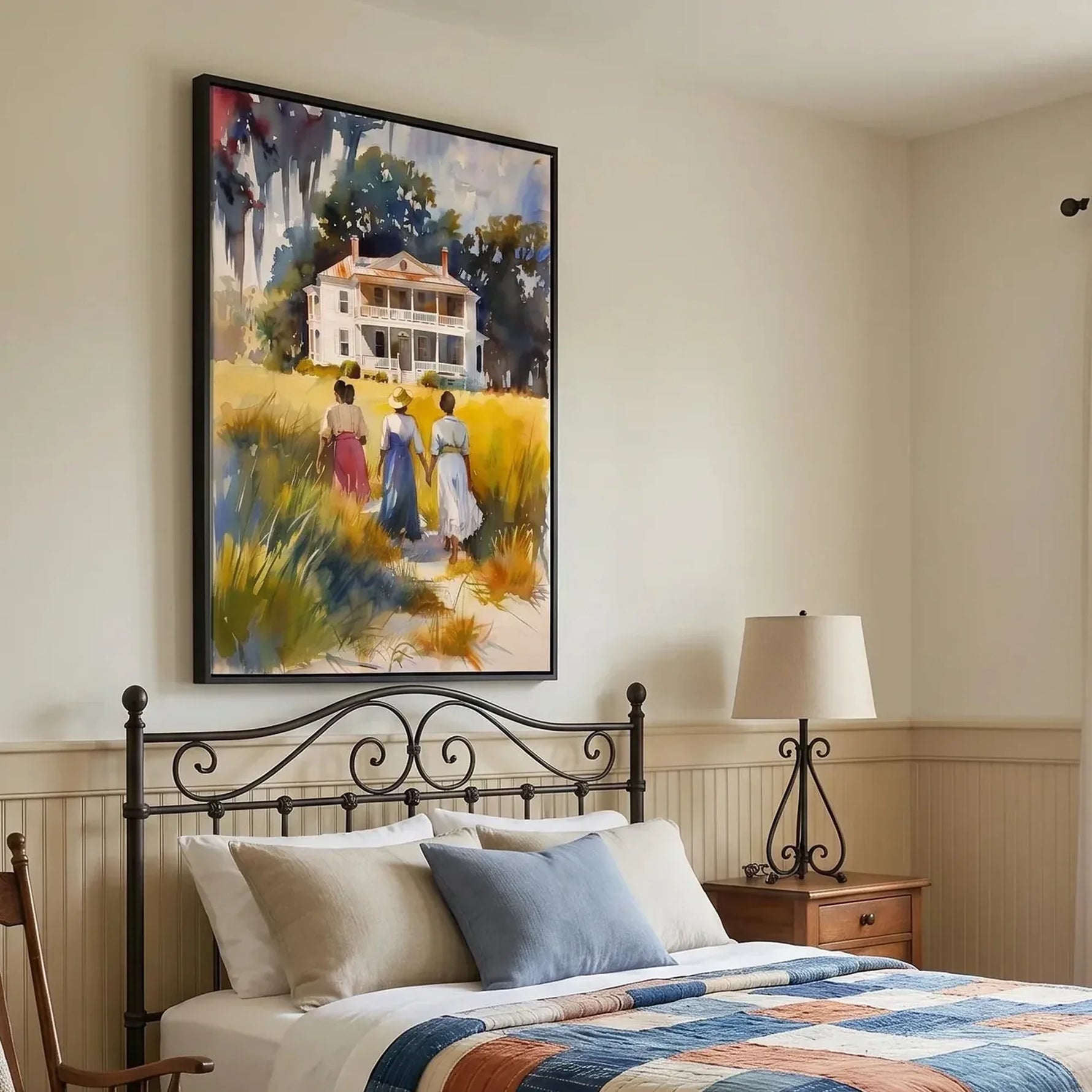 Gullah Geechee art in farmhouse bedroom with iron bed and patchwork quilt, three Black women walking watercolor. Digital mockup.