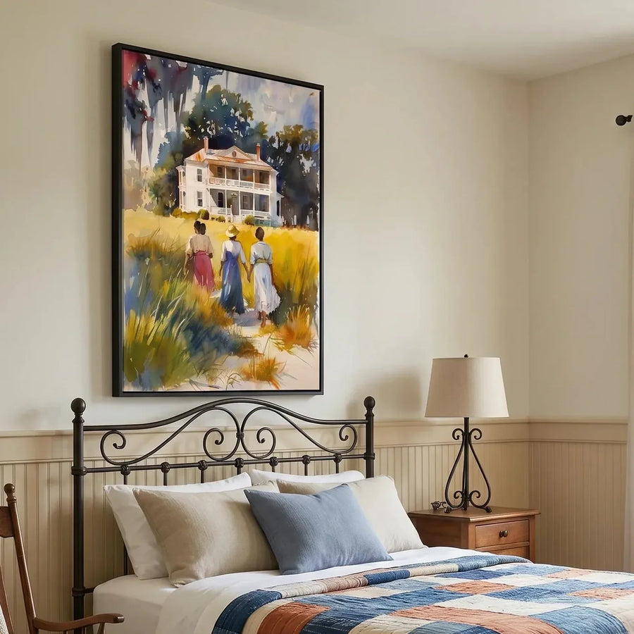 Gullah Geechee art in farmhouse bedroom with iron bed and patchwork quilt, three Black women walking watercolor. Digital mockup.