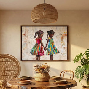 Afrocentric kitchen decor in boho dining room with peacock chair and monstera plant, Black girl children holding hands. Digital mockup.