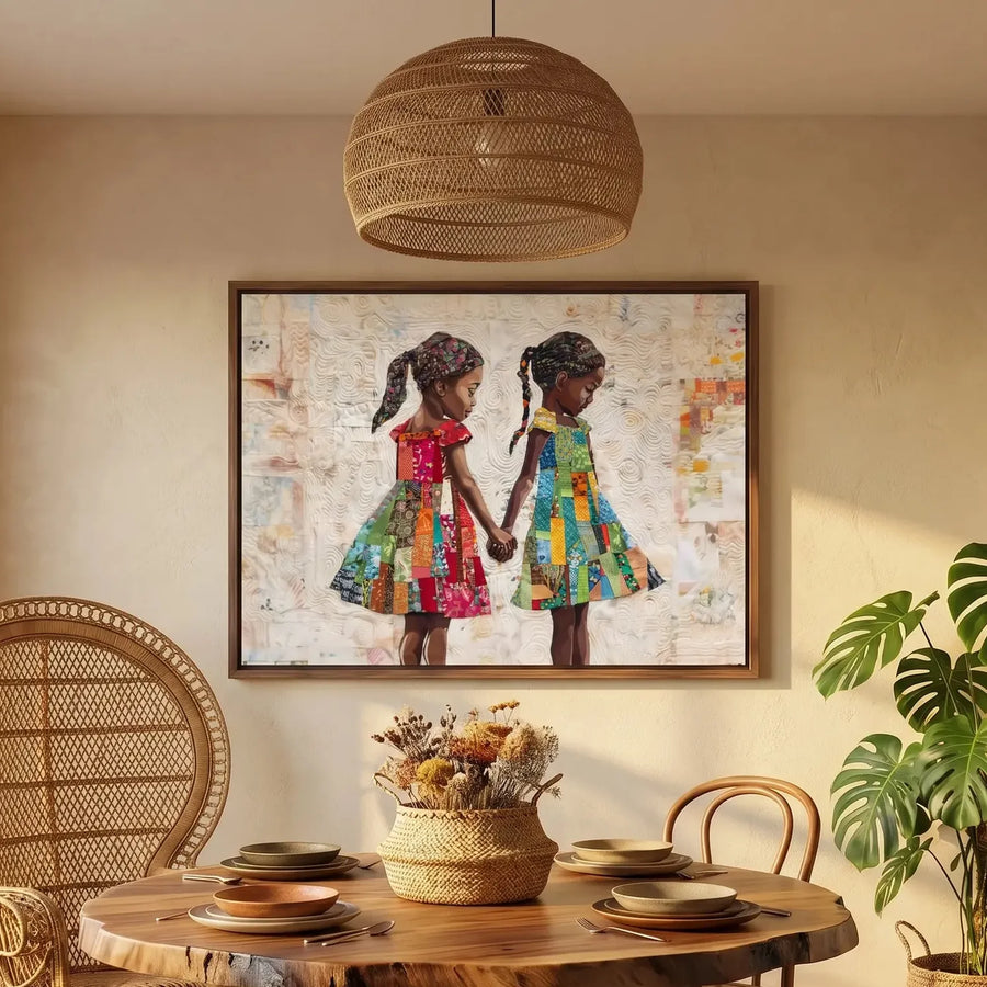 Afrocentric kitchen decor in boho dining room with peacock chair and monstera plant, Black girl children holding hands. Digital mockup.