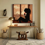 Black woman canvas wall art in home office with Warm modern workspace with live edge console, African figurines, and hairpin. Digital mockup.