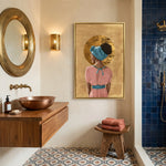 Boho Black girl wall art in bathroom with Moroccan bath, blue zellige shower, copper basin, encaustic floor. Digital mockup.