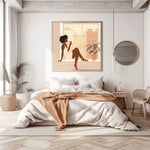 Black woman canvas wall art in bedroom with Scandinavian boho bedroom with white linens, rattan chair, and palm plant. Digital mockup.