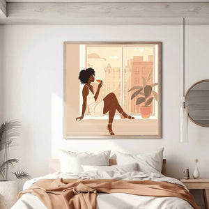 African American art for bedroom in modern minimalist space with white bedding and terracotta throw, Black woman wine. Digital mockup.