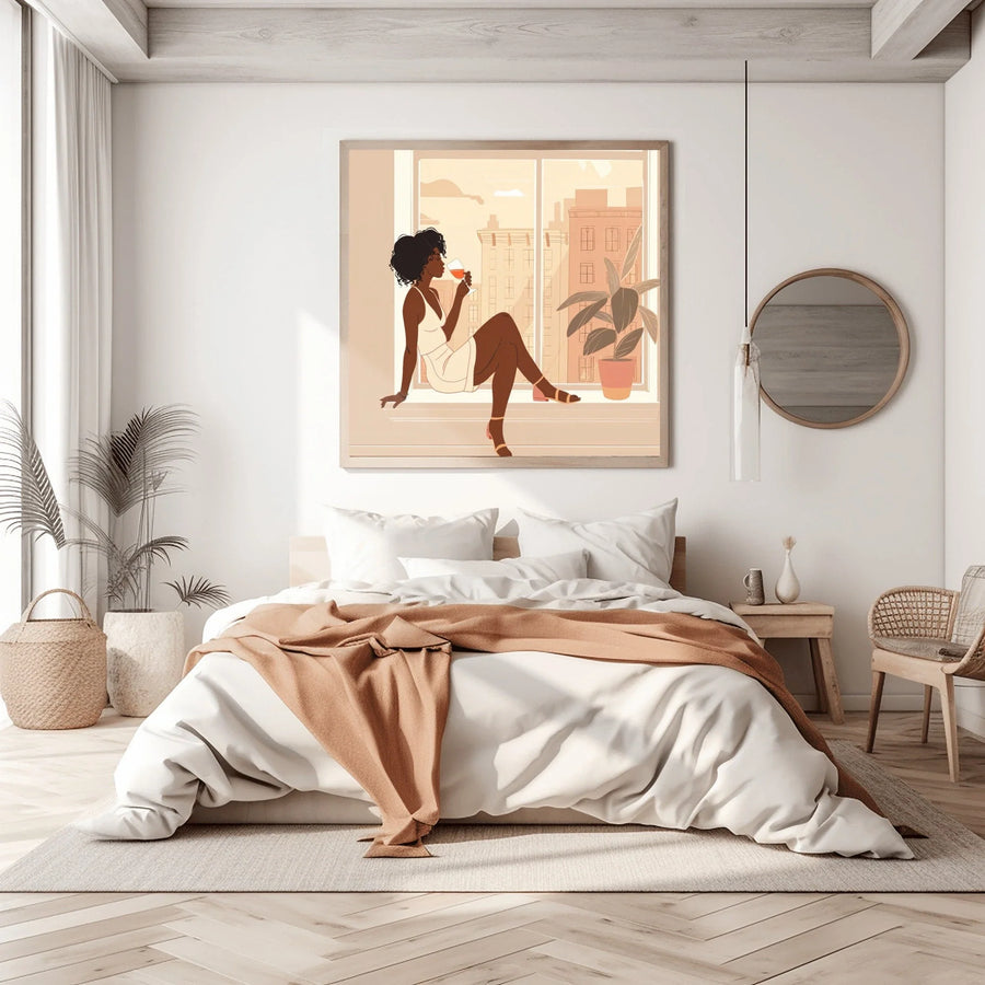 Black woman canvas wall art in bedroom with Scandinavian boho bedroom with white linens, rattan chair, and palm plant. Digital mockup.