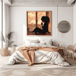 Afro boho in bedroom with white linen bed, terracotta throw, herringbone floor, round mirror, palm plant. Digital mockup.