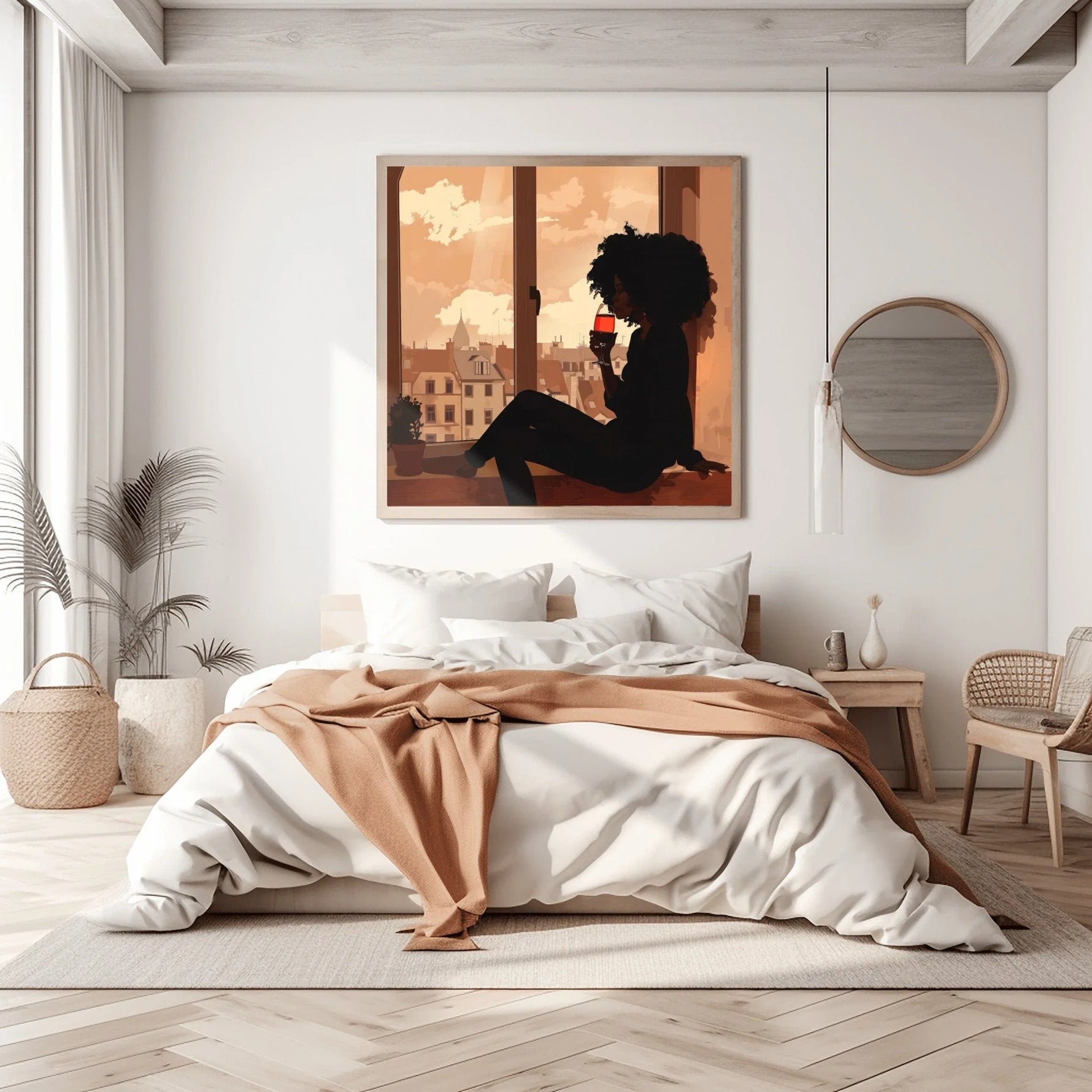 Afro boho in bedroom with white linen bed, terracotta throw, herringbone floor, round mirror, palm plant. Digital mockup.
