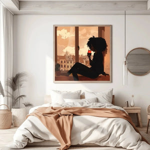 Black art for living room in scandi neutral space with cream slipcover sofa and pampas grass, Black woman wine art. Digital mockup.