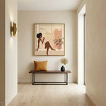 Urban Black aesthetic wall art in hallway with Minimalist bright hallway with walnut bench gold sconce and palm leaf vase. Digital mockup.