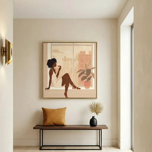 Modern Black art for apartment in minimalist hallway with brass sconce and walnut bench, Black woman with wine, oil painting. Digital mockup.